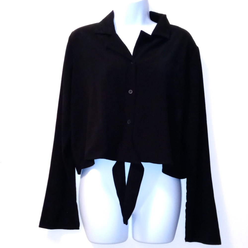 OAK + FORT CROP TOP BUTTONS UP LONG SLEEVE FRONT TIE  WOMEN'S BLACK SIZE MEDIUM